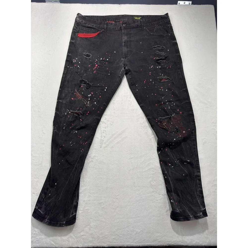 Smoke Rise Jeans Mens 40x32 Charcoal Denim Slim Distressed Paint Splatter